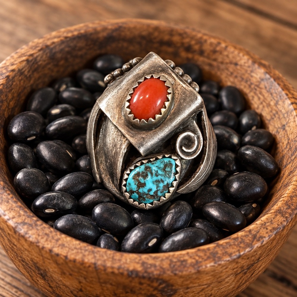 Navajo Native American Claw Turquoise Coral Sterling Silver Ring size 14.5 22g